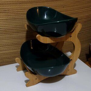 New- Double Tier Bamboo Stand with 2 Green Heavy Ceramic Bowls
